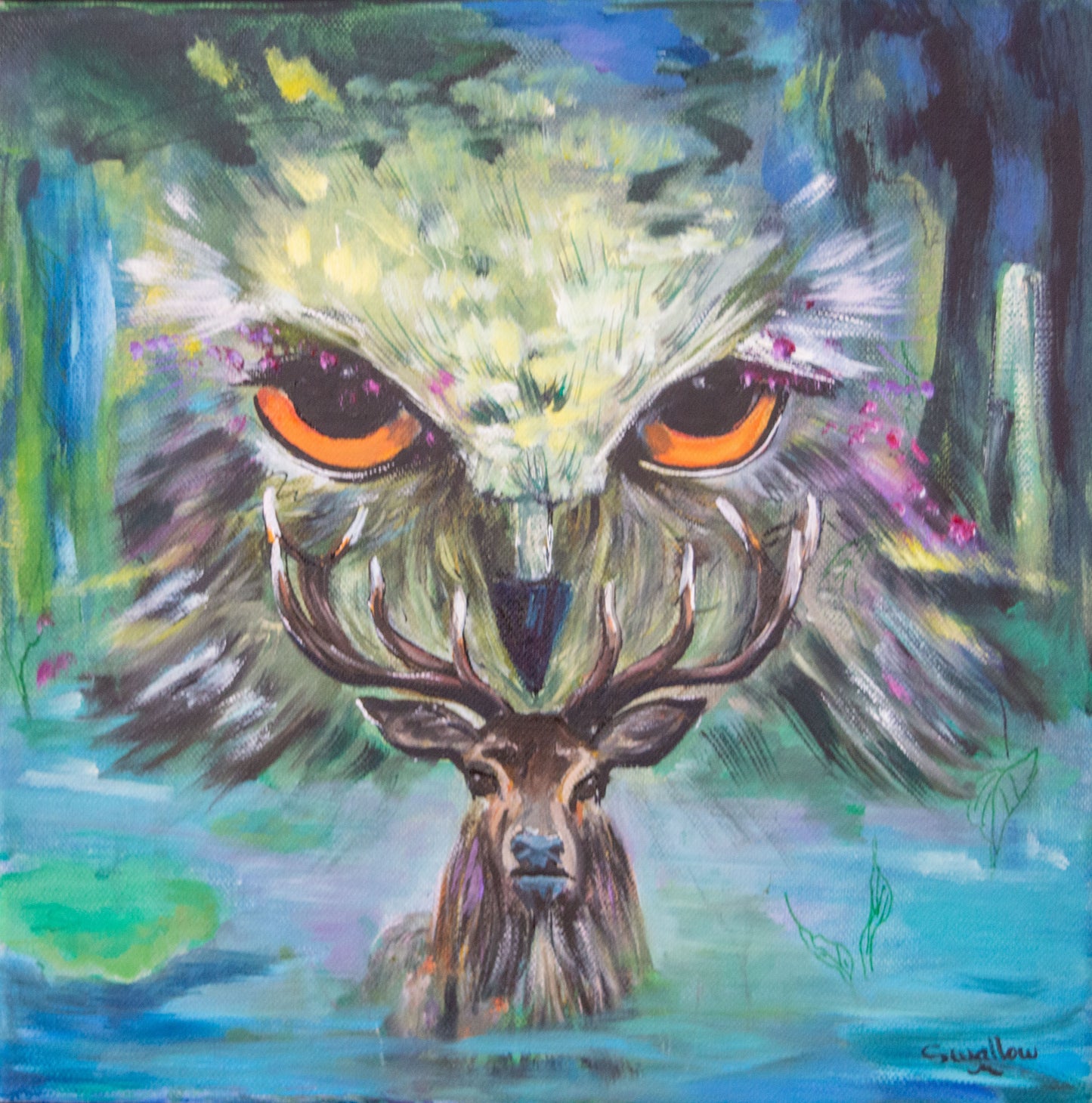 Lizzy Swallow: Owl & Stag Original Painting 12 x 12