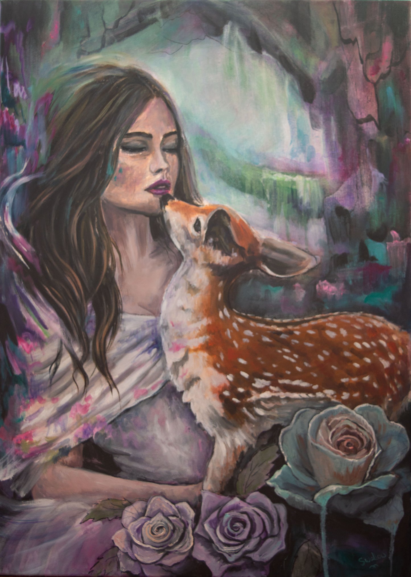 Friends In The Forest Woman And Deer Original Painting