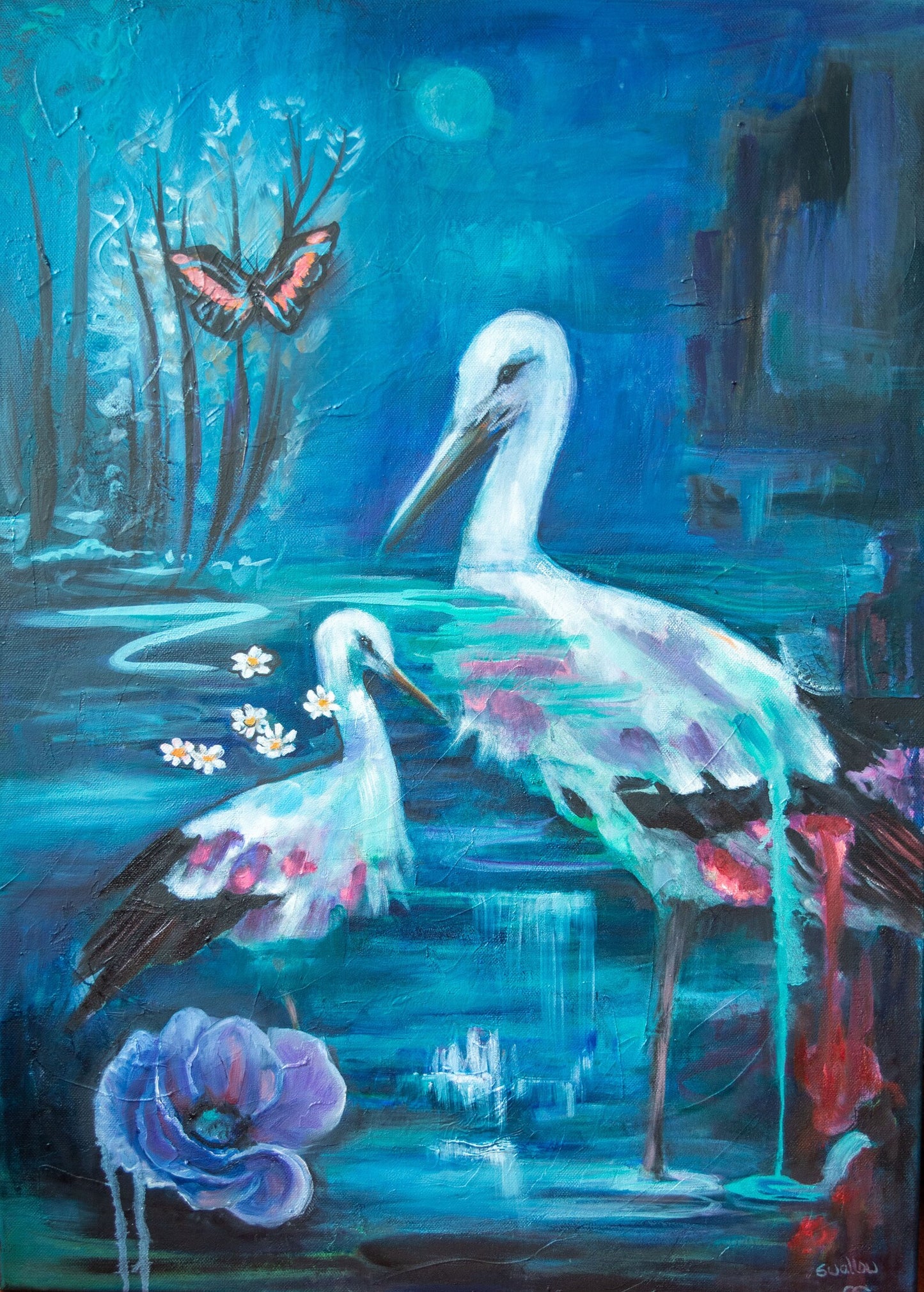 Lizzy Swallow: A Moonlight Stroll Original Painting 20 x 28