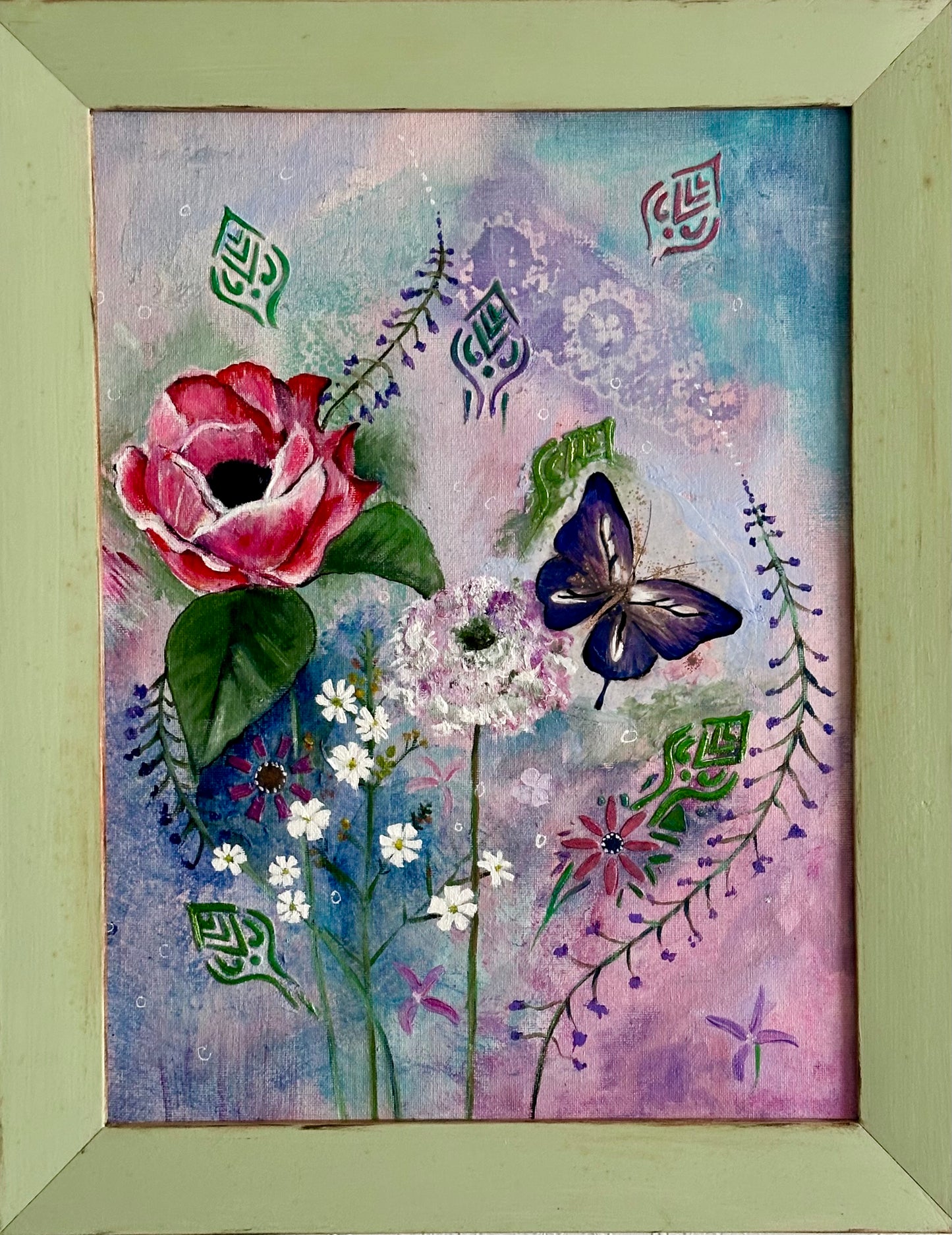 Lizzy Swallow: Flower Blossoms and Butterfly Original Painting 12 x 16