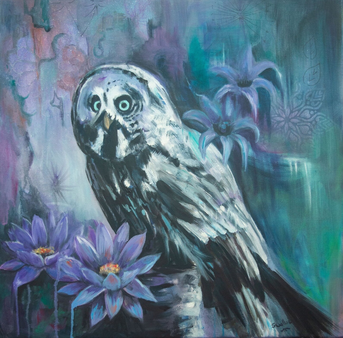 Lizzy Swallow: Owl With Lilac Flowers Original Painting 20 x 20