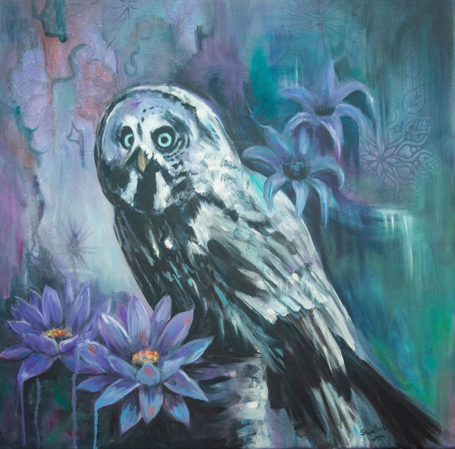 Lizzy Swallow: Owl With Lilac Flowers Original Painting 20 x 20