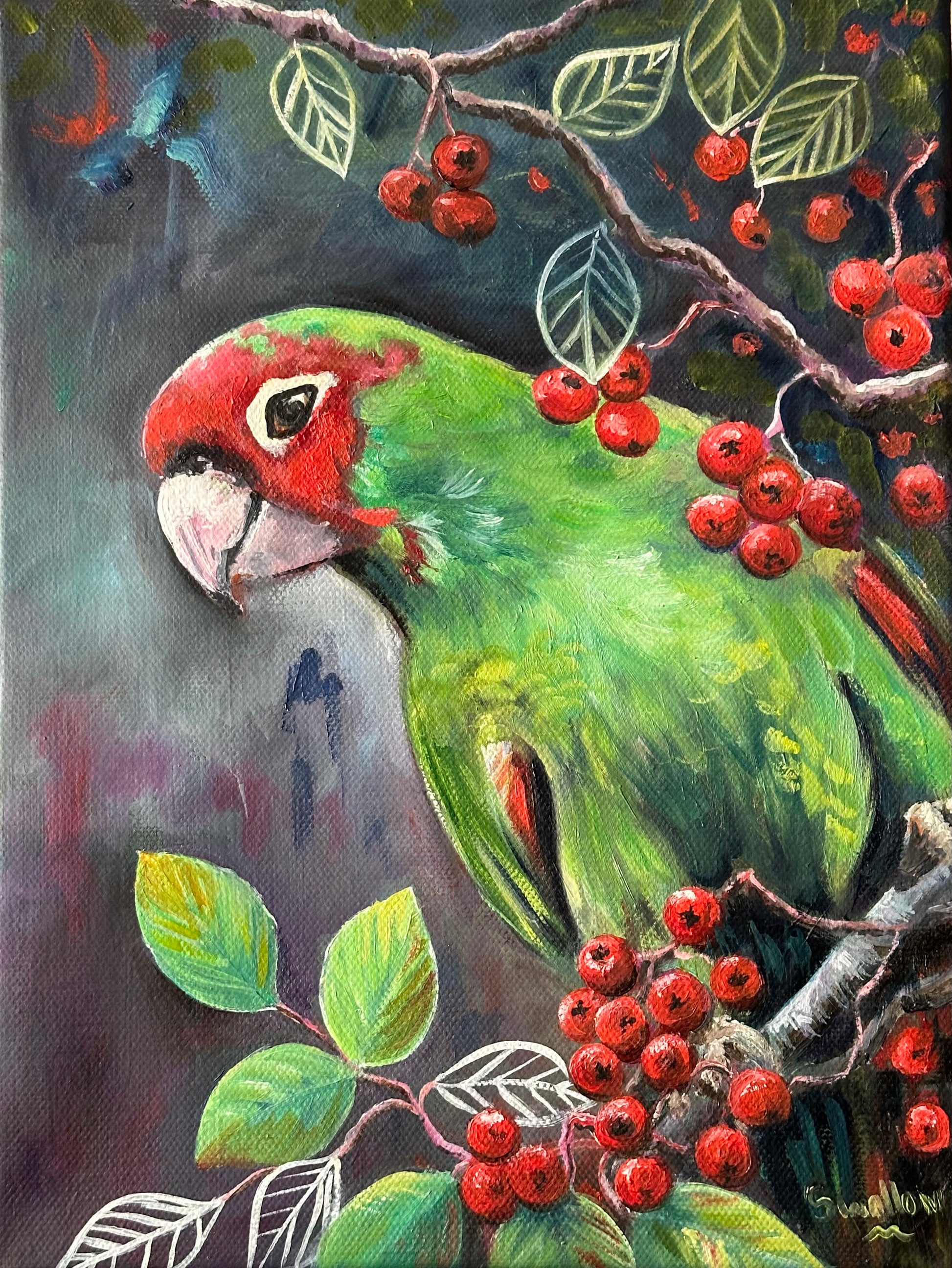Lizzy Swallow: Parrot with Red Berries Original Painting 9 x 12