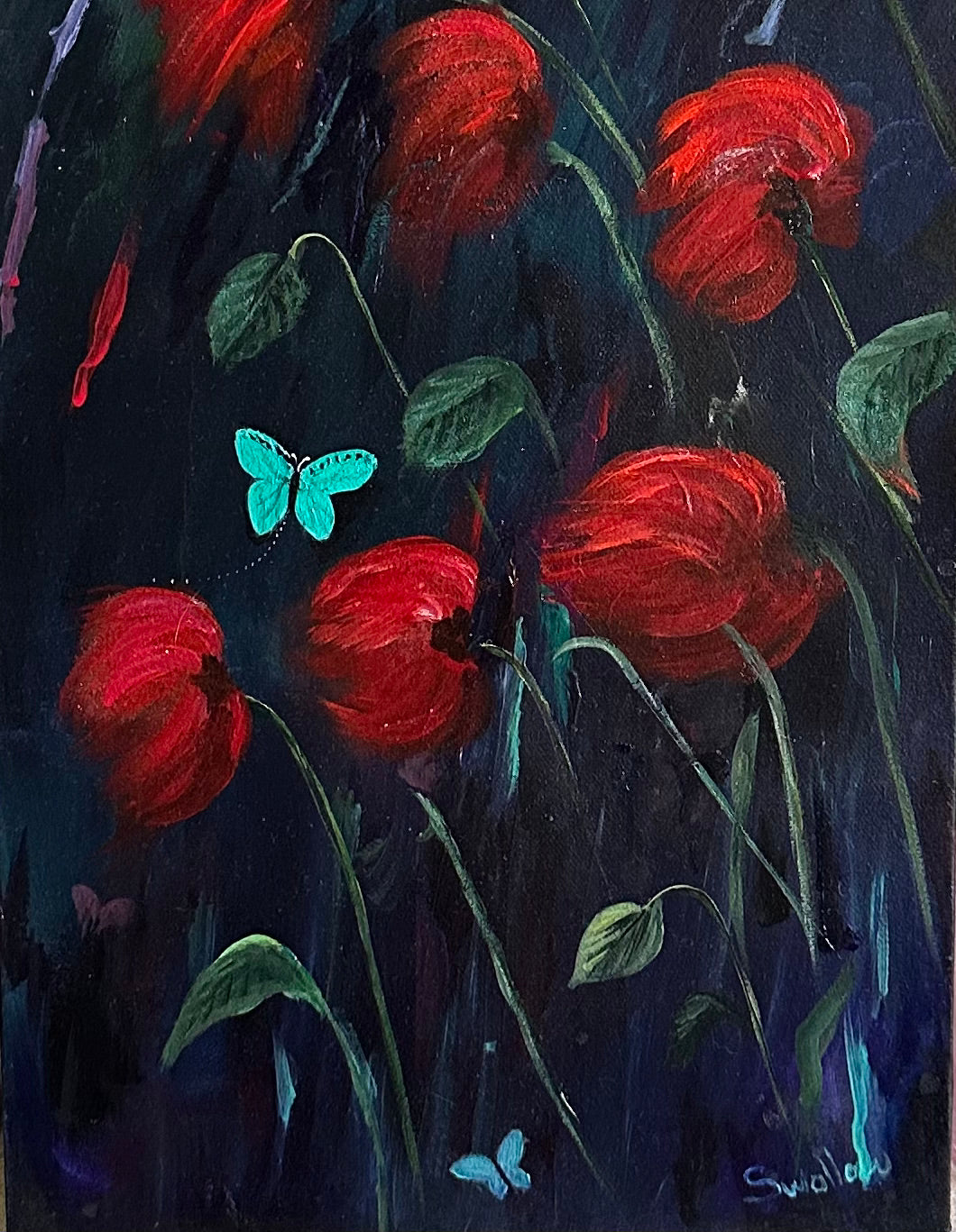 Lizzy Swallow: Red Poppies and Butterflies Original Painting Close Up