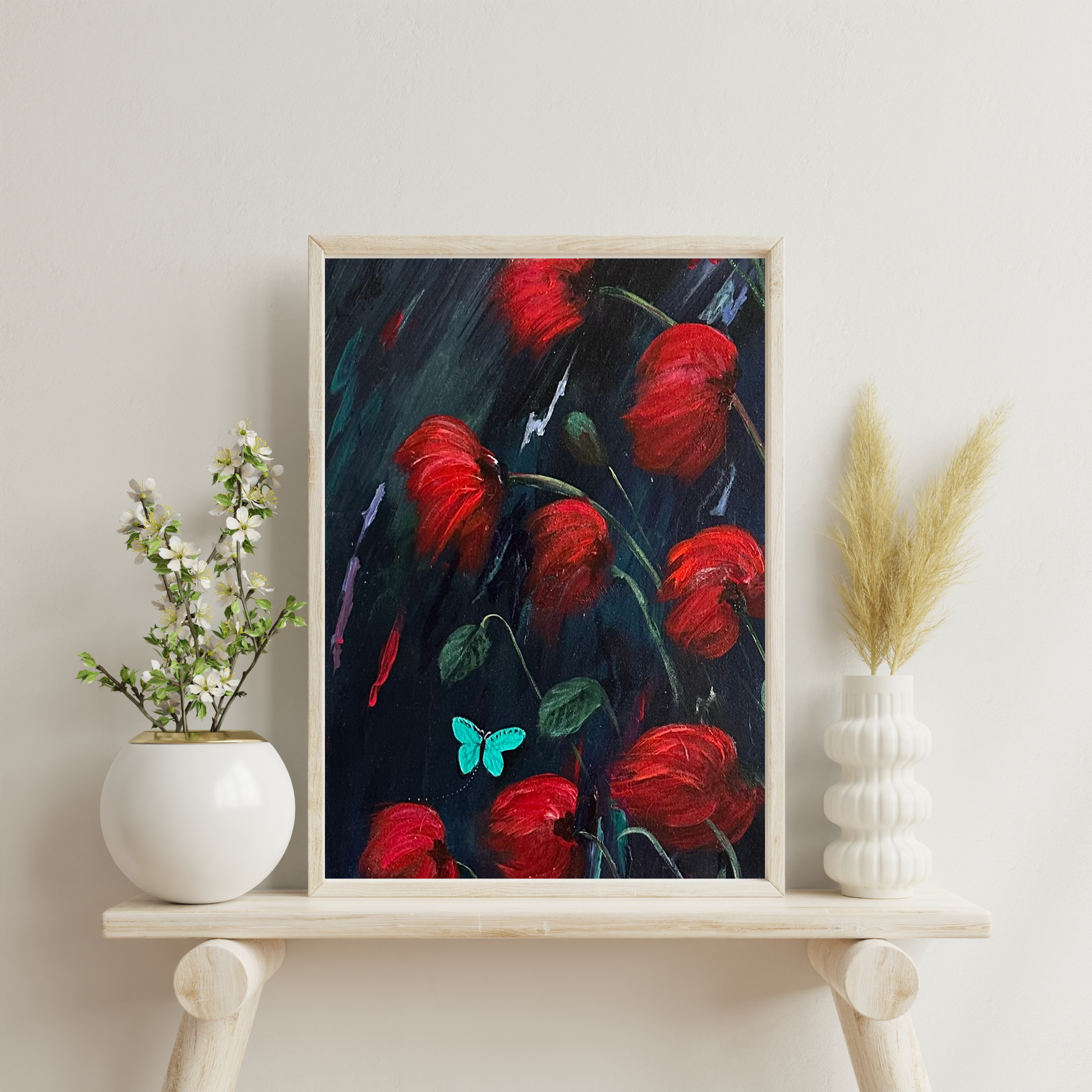 Lizzy Swallow: Red Poppies and Butterflies Original Painting Mockup