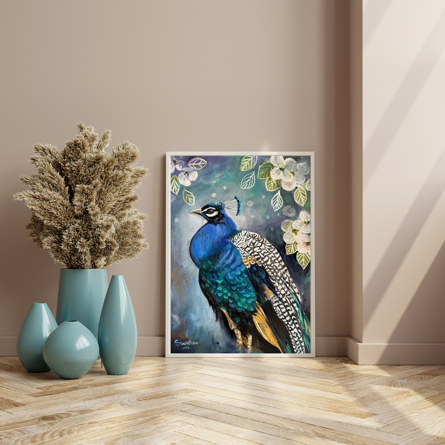 Lizzy Swallow: The Strutting Peacock Original Painting 9 x 12 Mockup