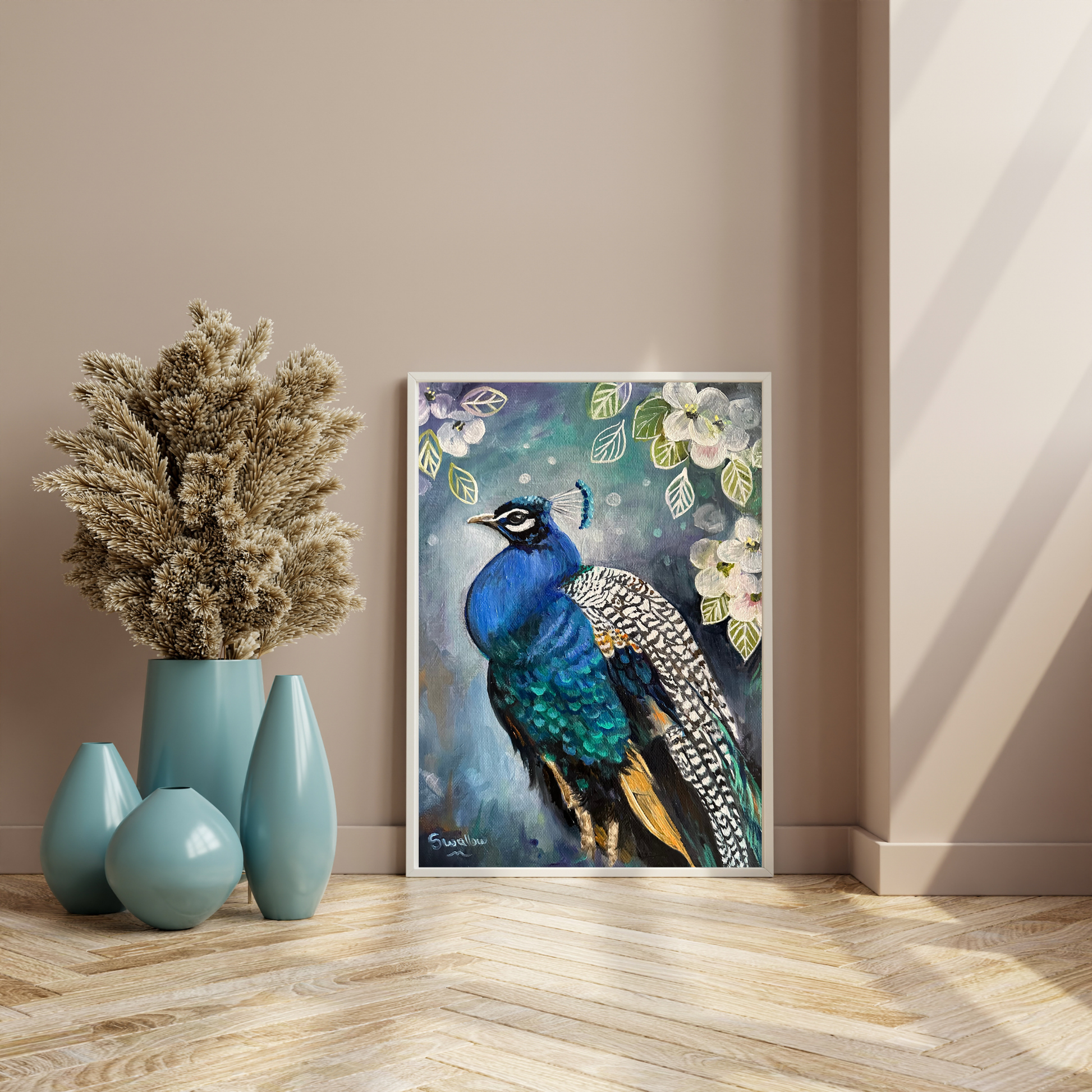 Lizzy Swallow: The Strutting Peacock Original Painting 9 x 12 Mockup