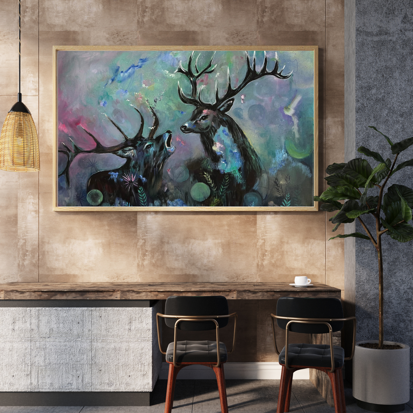 Lizzy Swallow: Two Stags Together Original Art 20 x 28 Painting Mockup