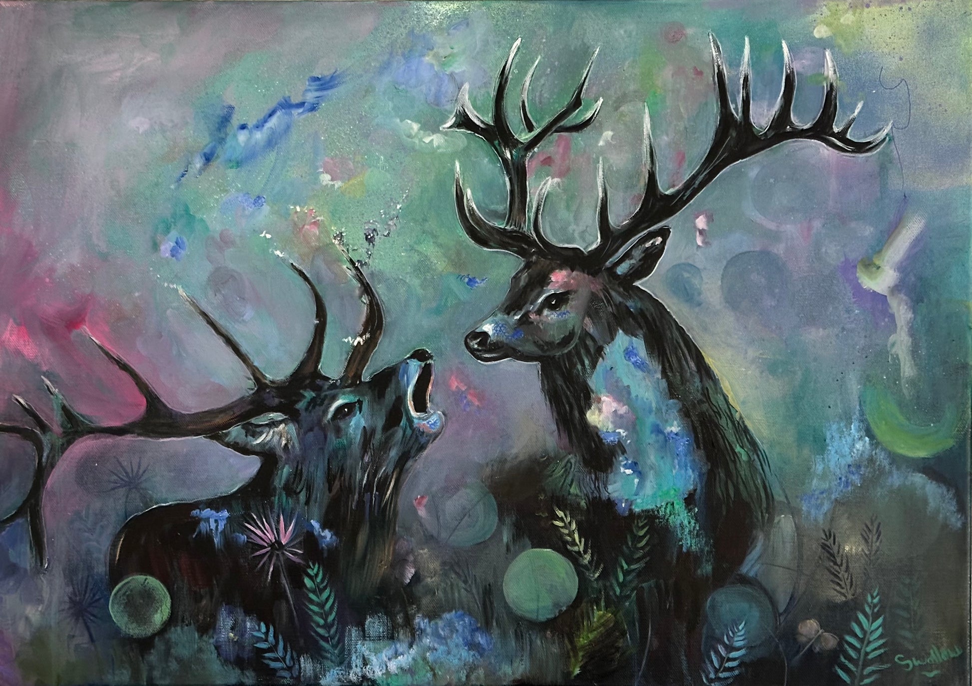 Lizzy Swallow: Two Stags Together Original Art 20 x28
