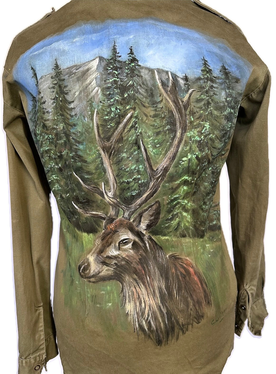 Lizzy Swallow Upcycled Altered Hand Painted Stag Army Jacket Back