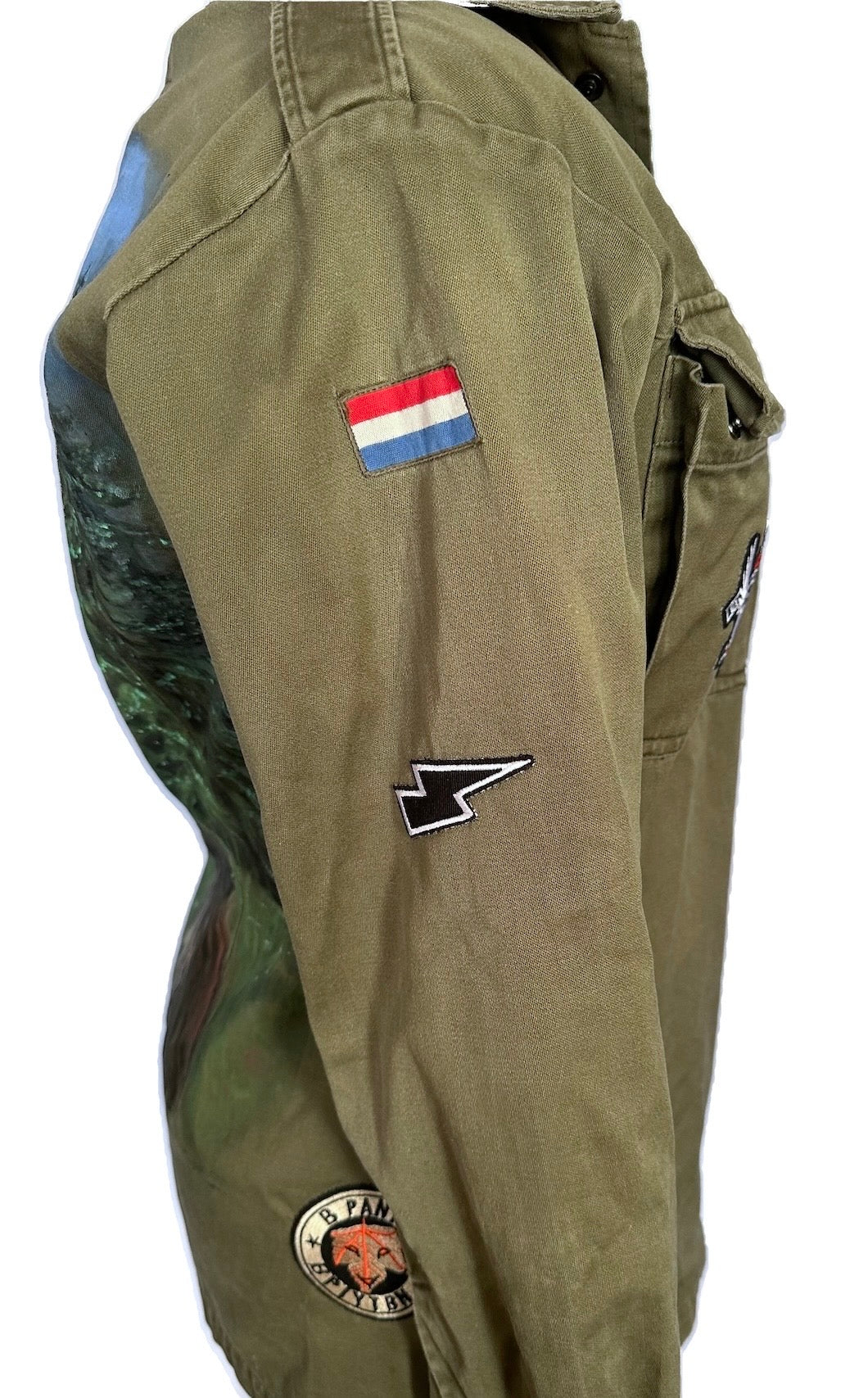 Lizzy Swallow: Upcycled Altered Hand Painted Stag Army Jacket Left Side