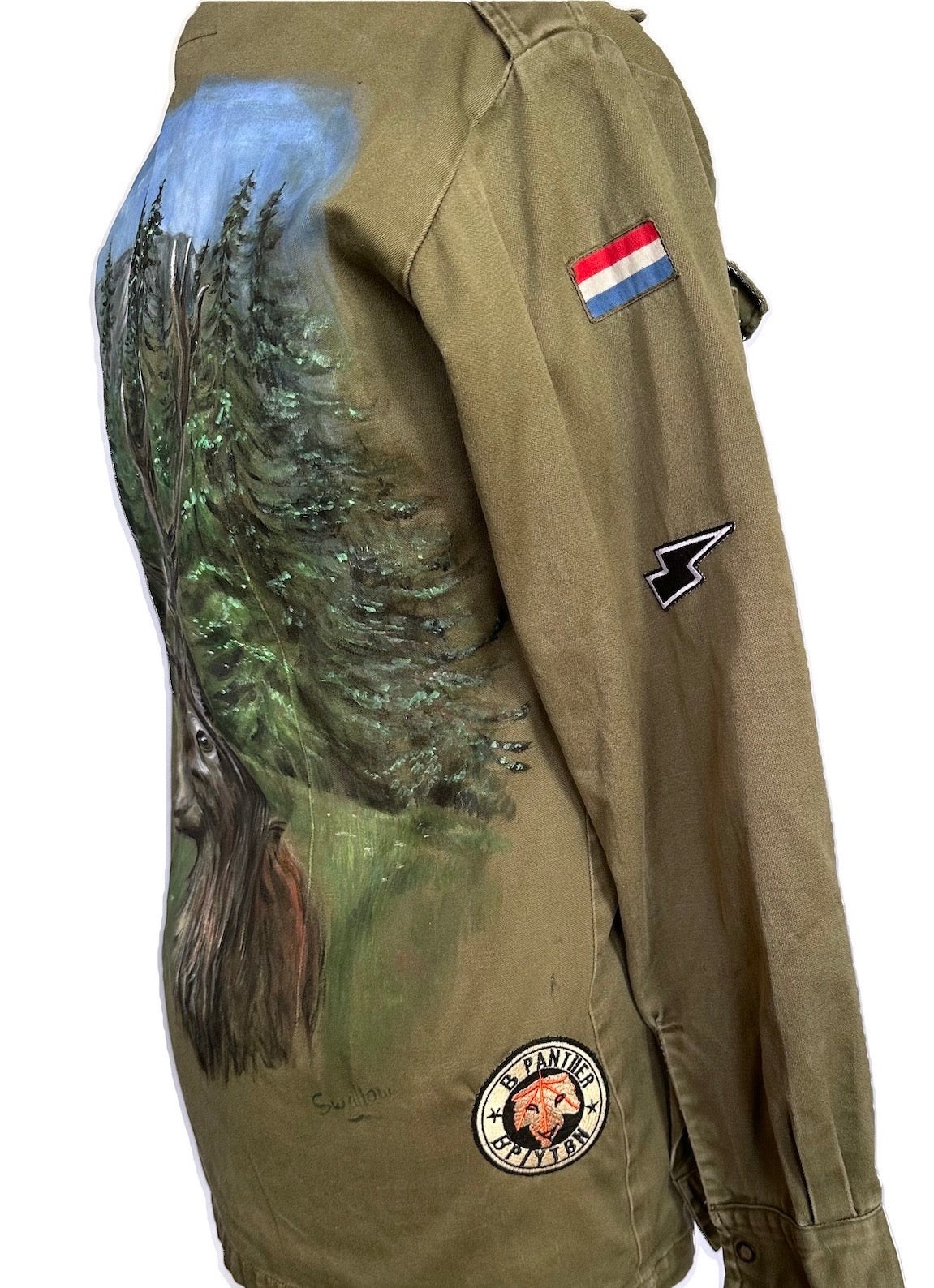 Lizzy Swallow: Upcycled Altered Hand Painted Stag Army Jacket Left
