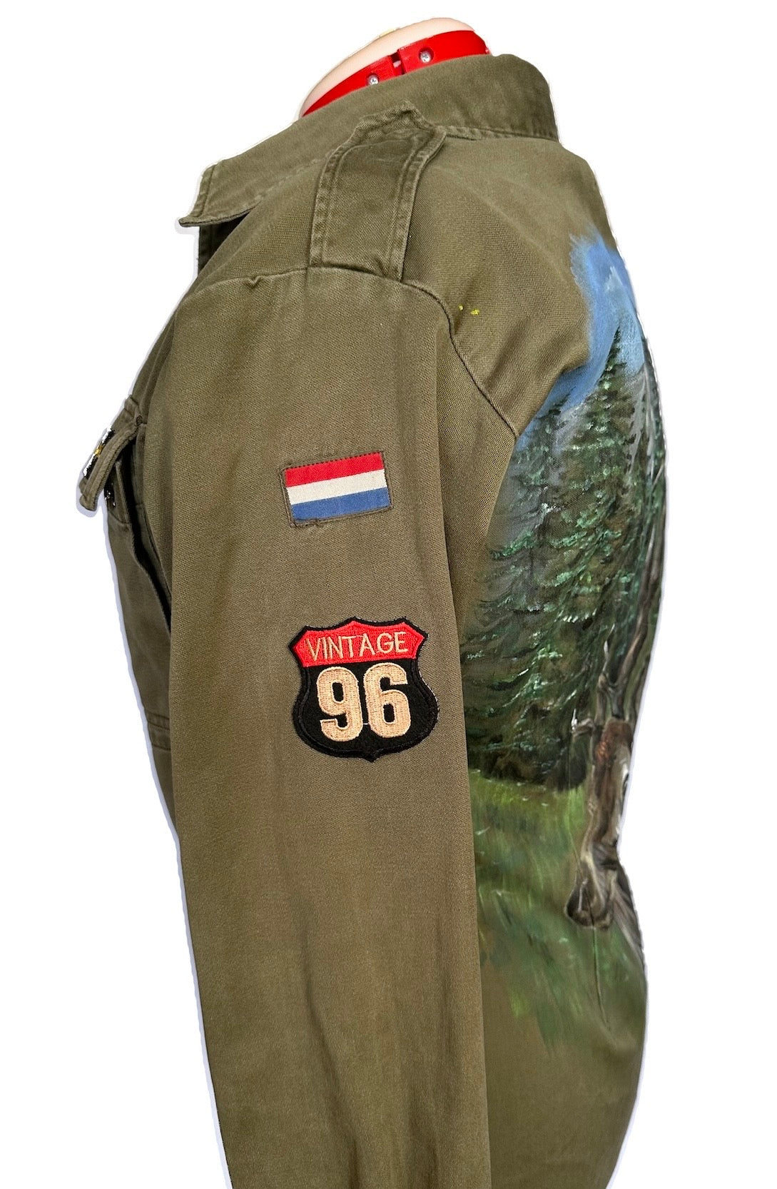 Lizzy Swallow: Upcycled Altered Hand Painted Stag Army Jacket Right