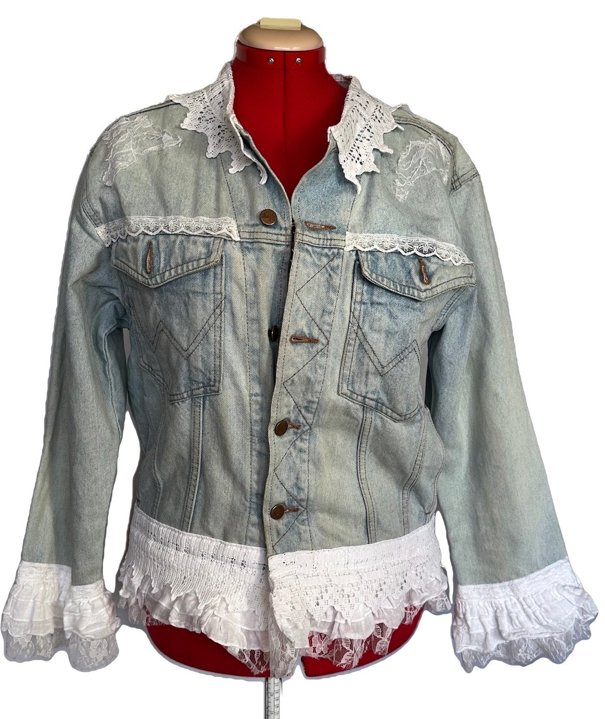 Lizzy Swallow: Upcycled Pre-owned  Wrangler Jacket With Added Lace Front